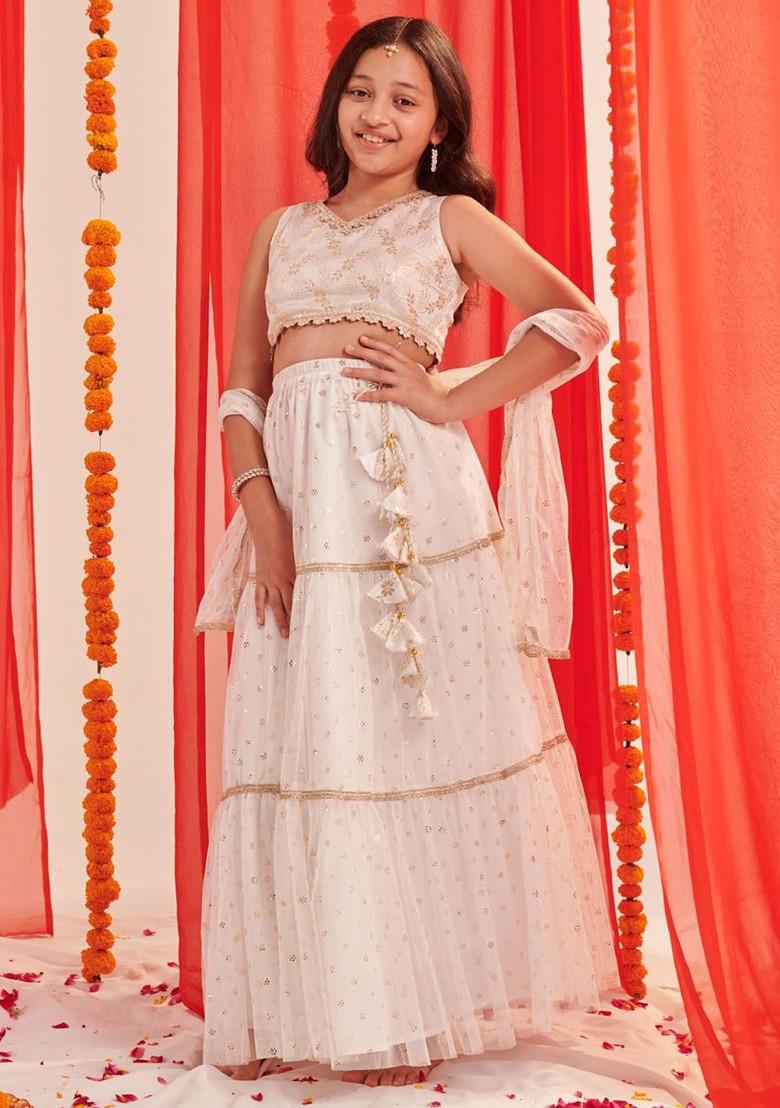 White Printed Blended Lehenga Choli For Girls - Indya