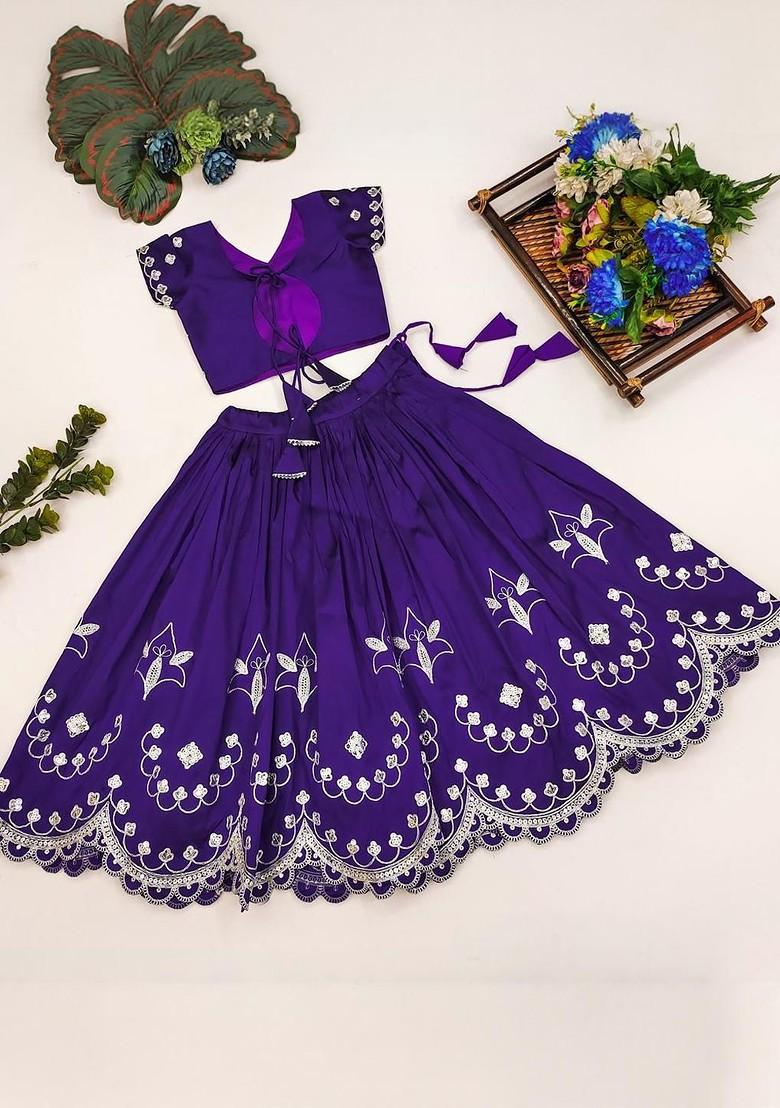 Violet Embroidered Silk Lehenga Choli For Girls - Indya