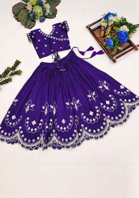 Violet Embroidered Silk Lehenga Choli For Girls