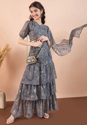 Grey Printed Blended Lehenga Choli For Girls