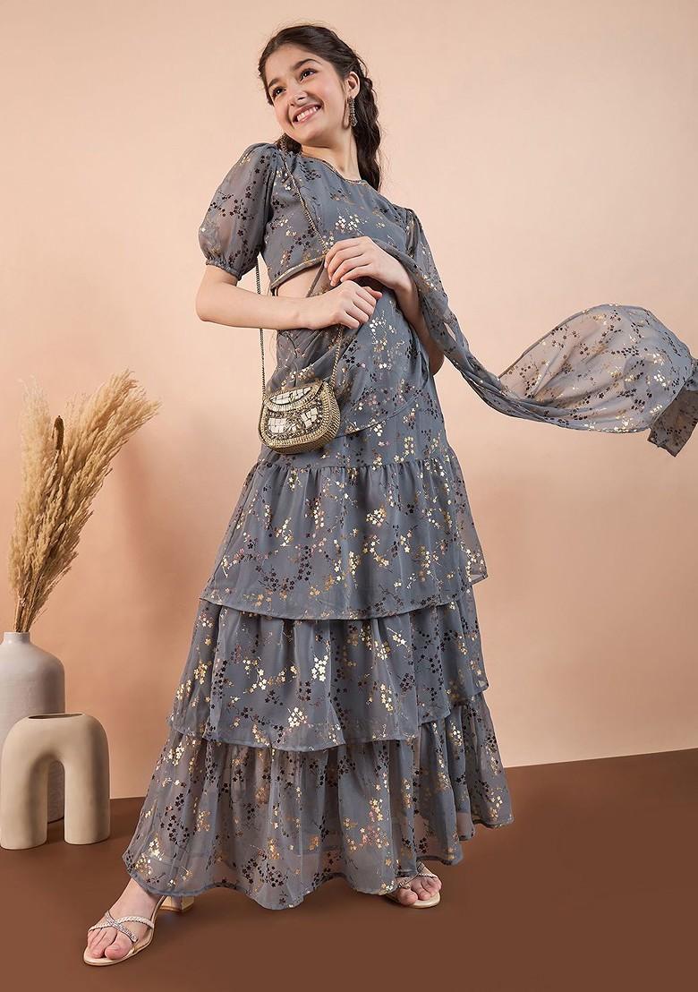 Grey Printed Blended Lehenga Choli For Girls - Indya