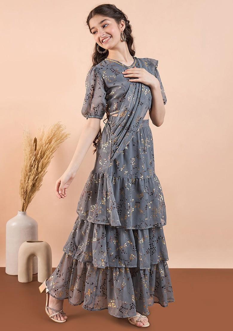 Grey Printed Blended Lehenga Choli For Girls - Indya