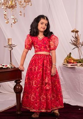 Pink Printed Blended Lehenga Choli For Girls