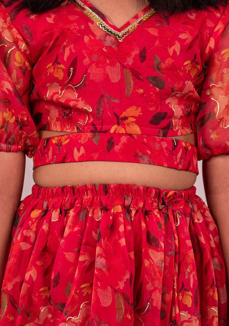 Pink Printed Blended Lehenga Choli For Girls - Indya