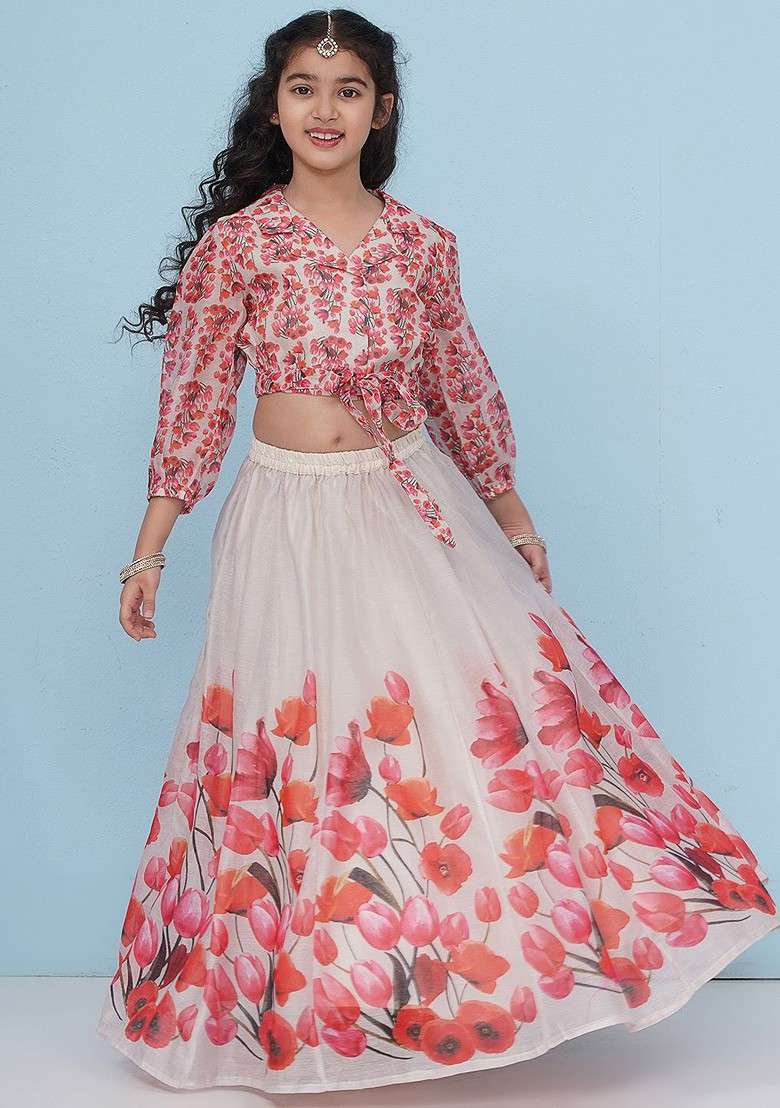 Grey Printed Blended Lehenga Choli For Girls - Indya