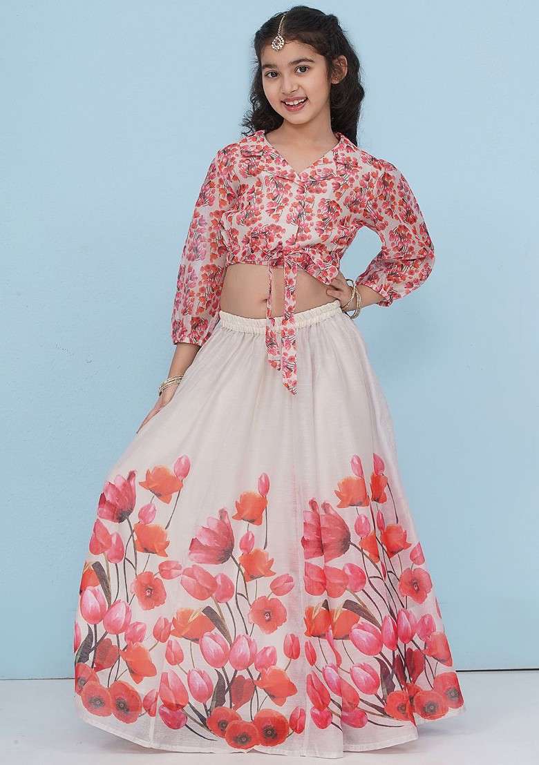 Grey Printed Blended Lehenga Choli For Girls - Indya