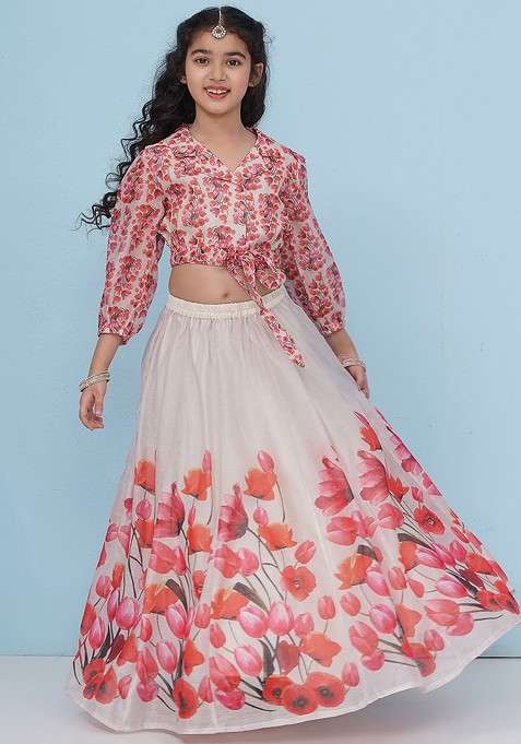 Grey Printed Blended Lehenga Choli For Girls