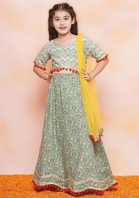 Green Printed Blended Lehenga Choli For Girls
