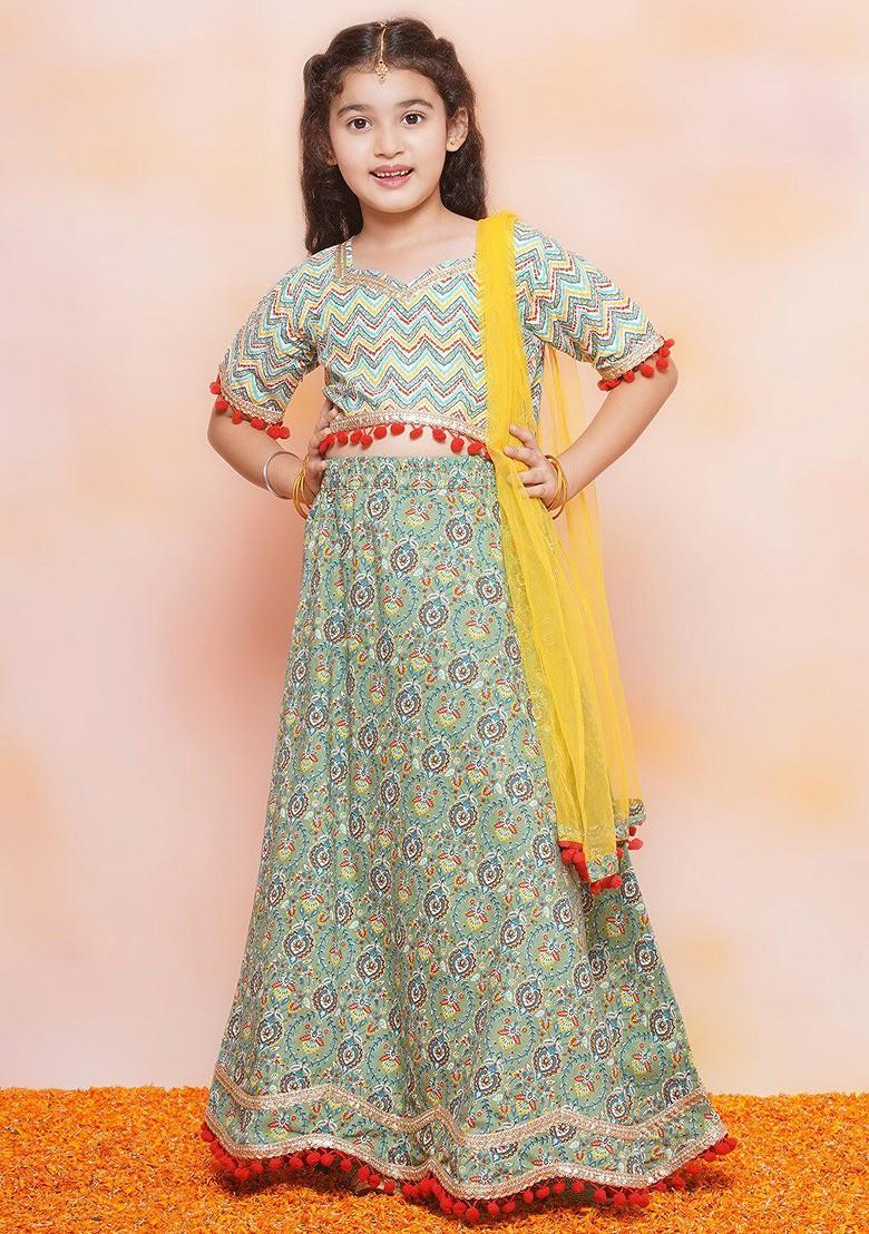 Green Printed Blended Lehenga Choli For Girls - Indya