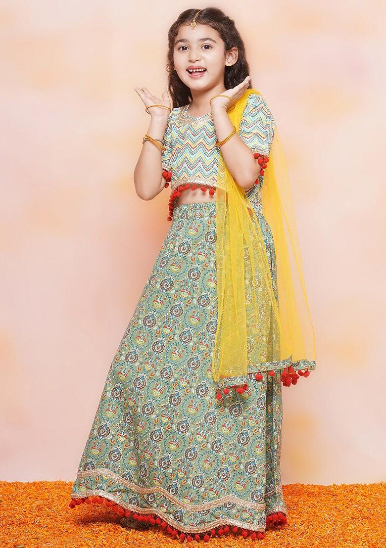 Green Printed Blended Lehenga Choli For Girls - Indya