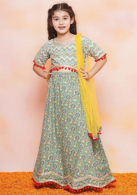 Green Printed Blended Lehenga Choli For Girls — view on Indya