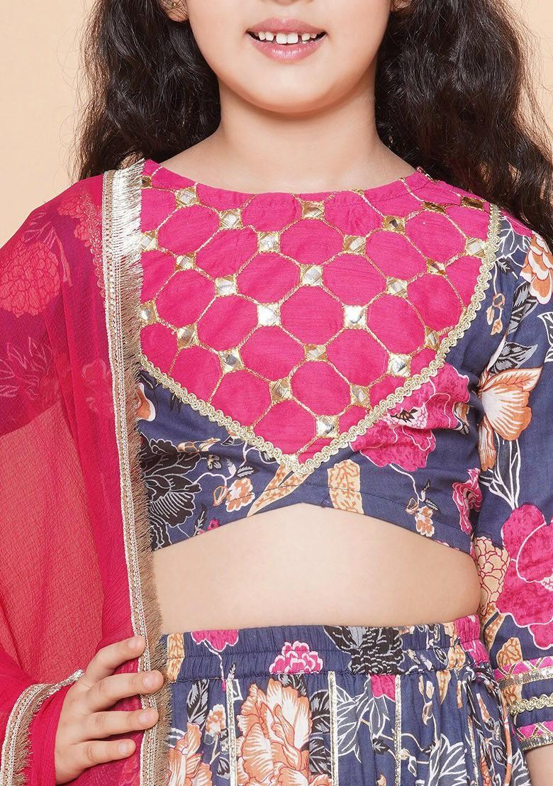 Blue Printed Blended Lehenga Choli For Girls - Indya
