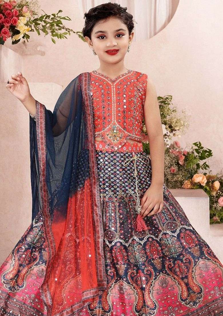 Red Embellished Silk Lehenga Choli For Girls - Indya