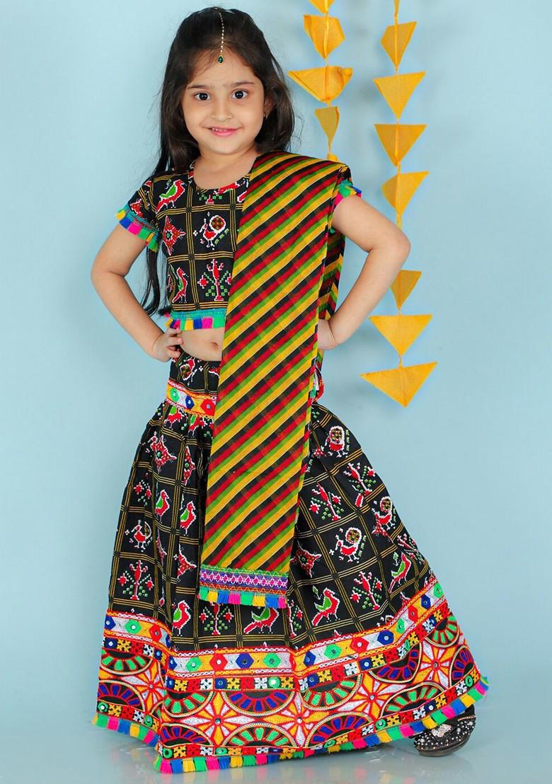 Black Embroidered Blended Lehenga Choli For Girls - Indya