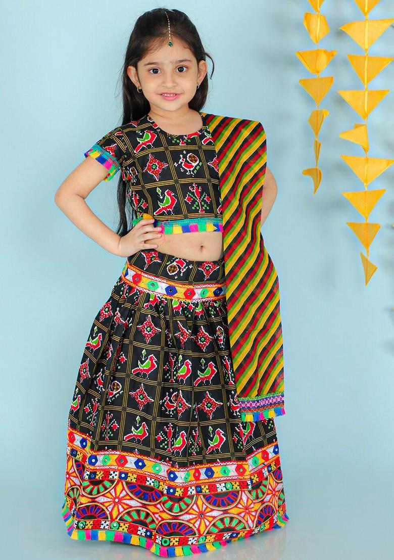 Black Embroidered Blended Lehenga Choli For Girls - Indya