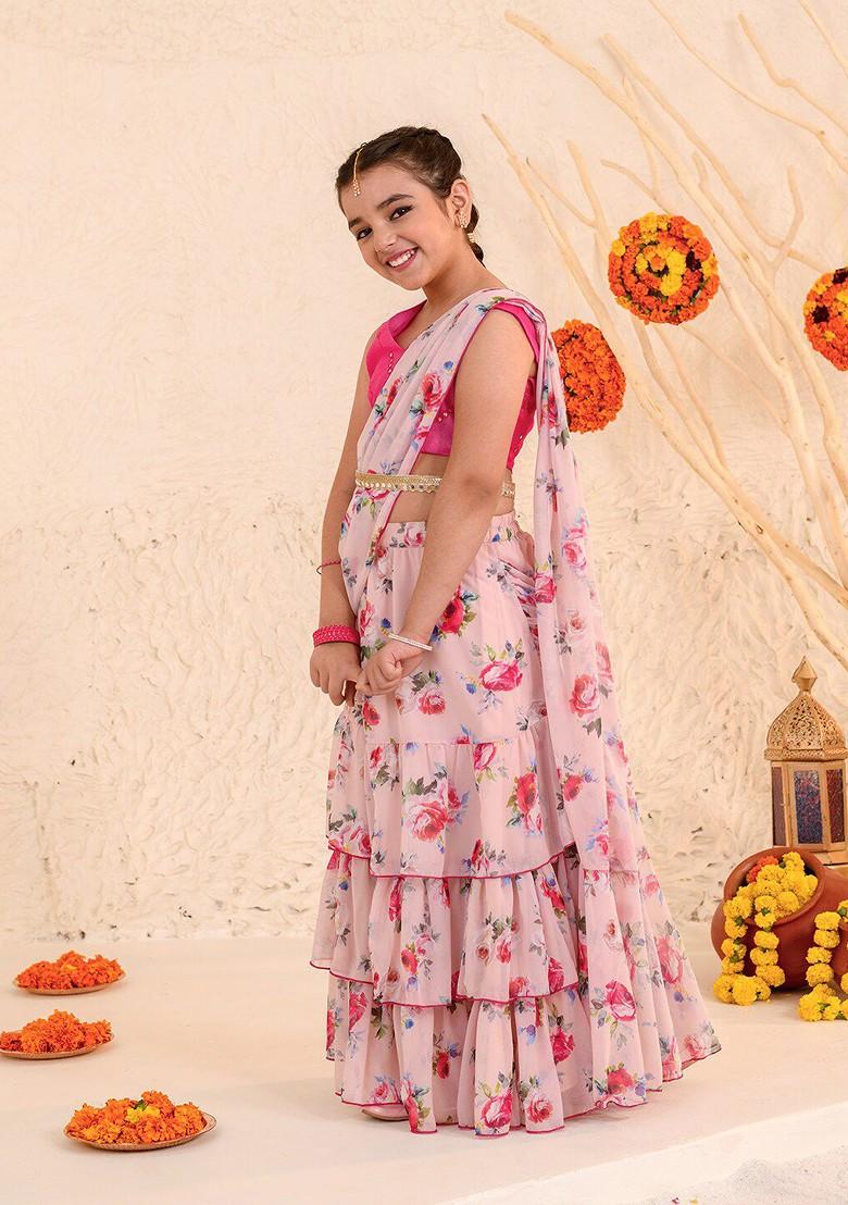 Pink Printed Blended Lehenga Choli For Girls - Indya