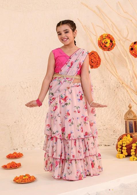 Pink Printed Blended Lehenga Choli For Girls — view on Indya