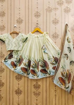 Off White Printed Blended Lehenga Choli For Girls