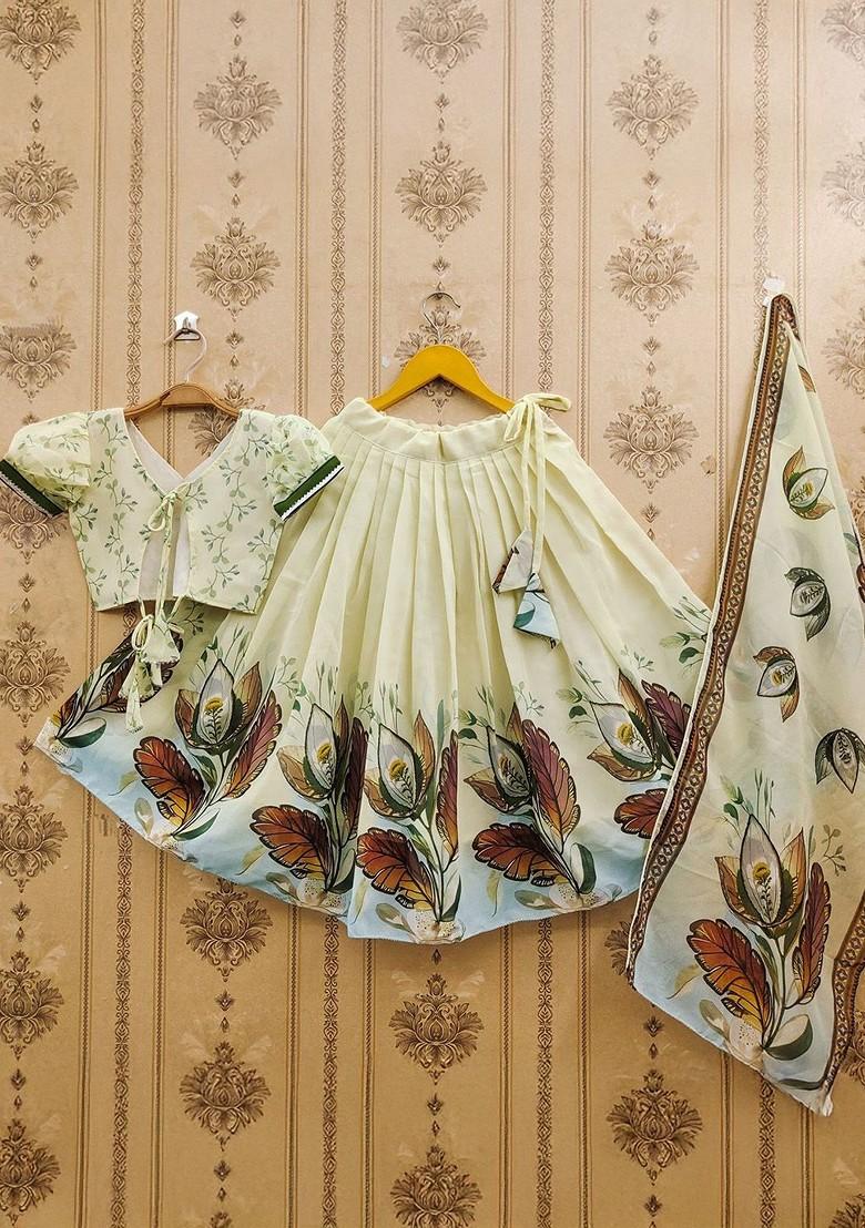 Off White Printed Blended Lehenga Choli For Girls - Indya