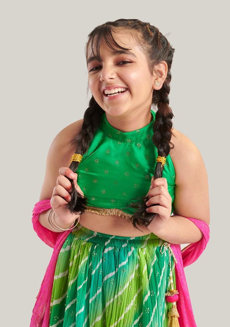 Green Printed Blended Lehenga Choli For Girls - Indya