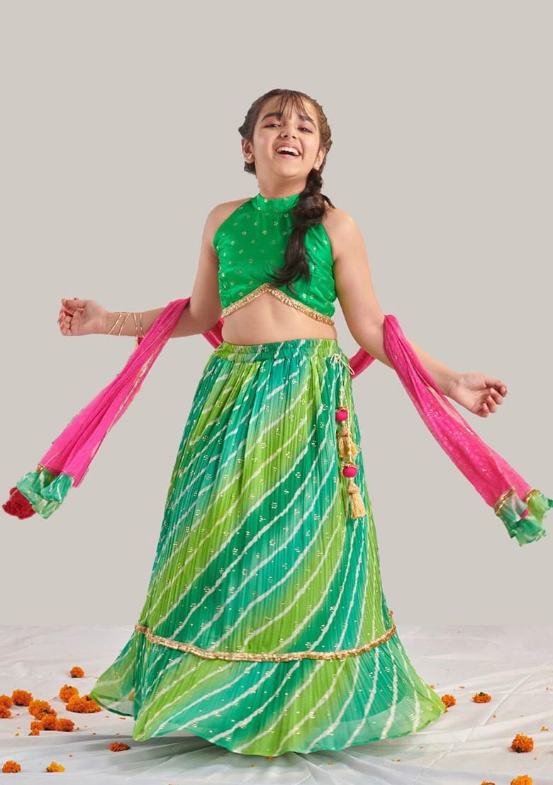 Green Printed Blended Lehenga Choli For Girls - Indya