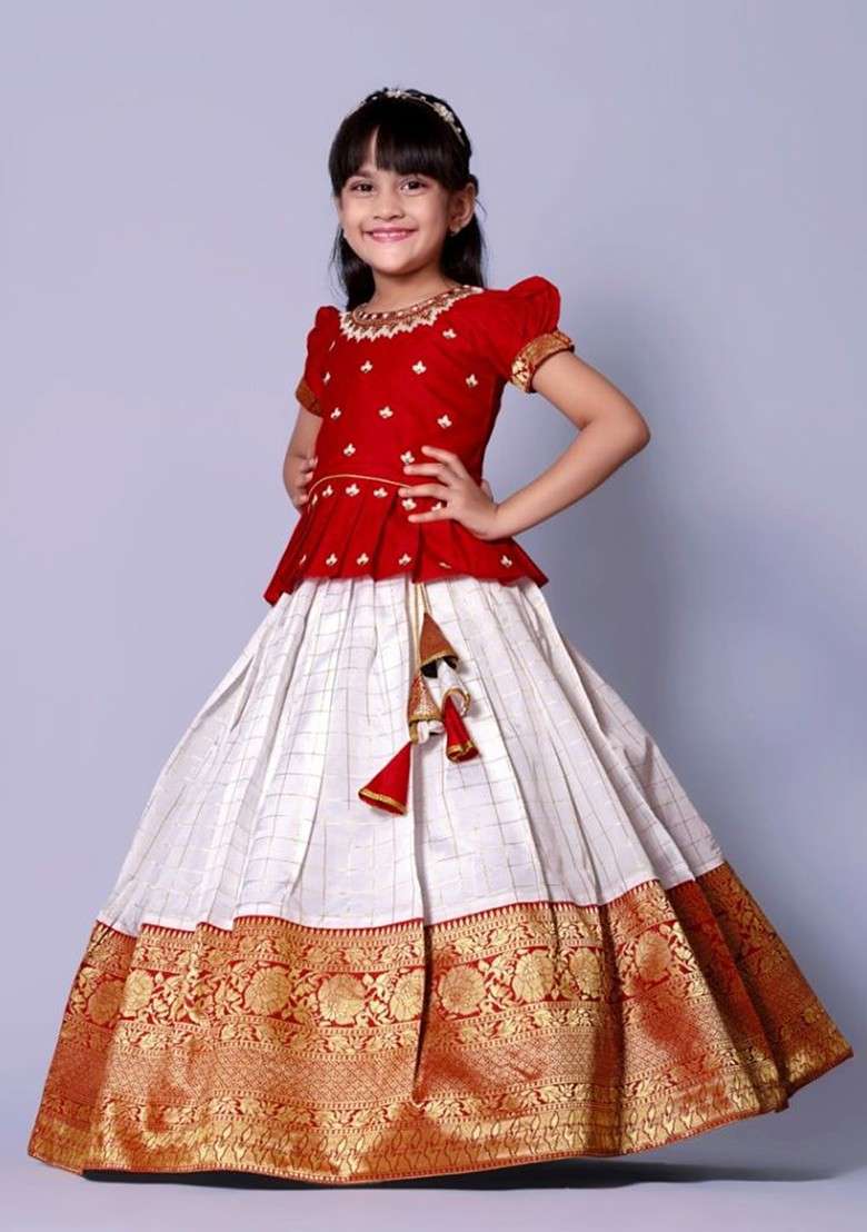 Red Embroidered Blended Lehenga Choli For Girls - Indya