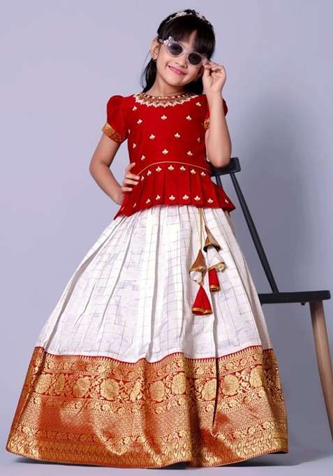 Red Embroidered Blended Lehenga Choli For Girls