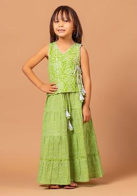 Green Printed Cotton Blend Lehenga Choli For Girls