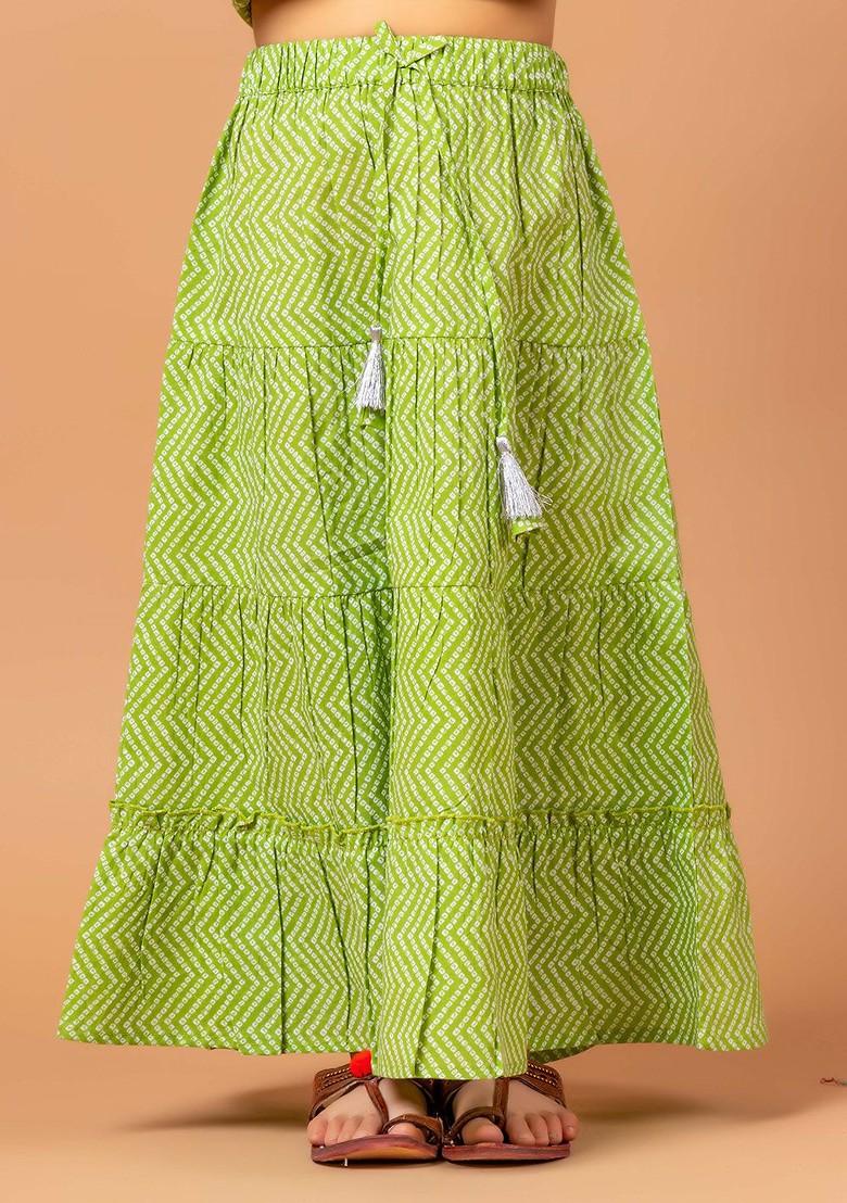 Green Printed Cotton Blend Lehenga Choli For Girls - Indya