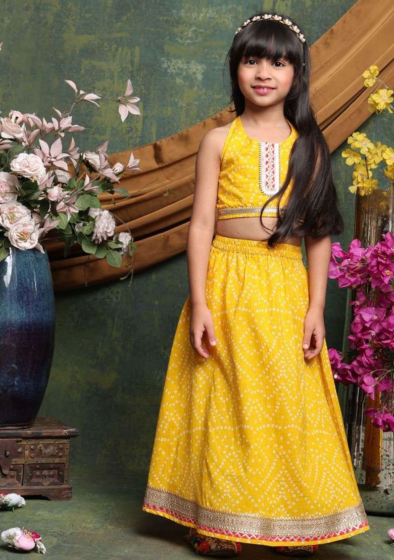 Yellow Printed Blended Lehenga Choli For Girls - Indya