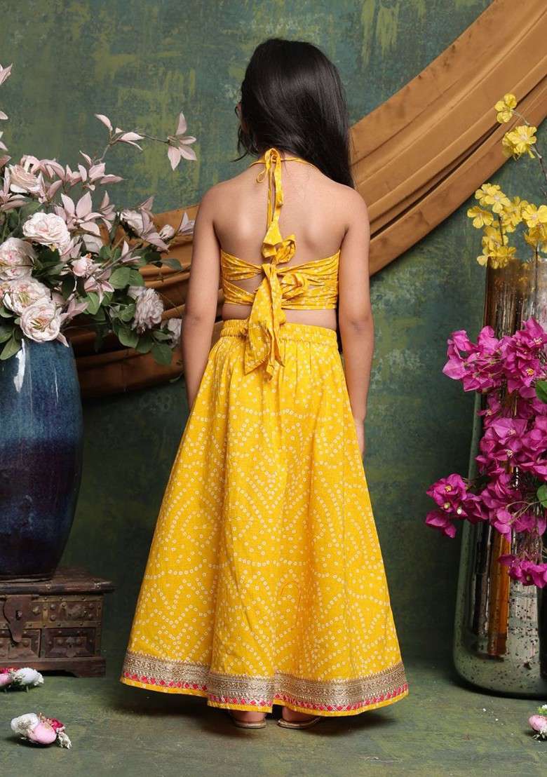 Yellow Printed Blended Lehenga Choli For Girls - Indya