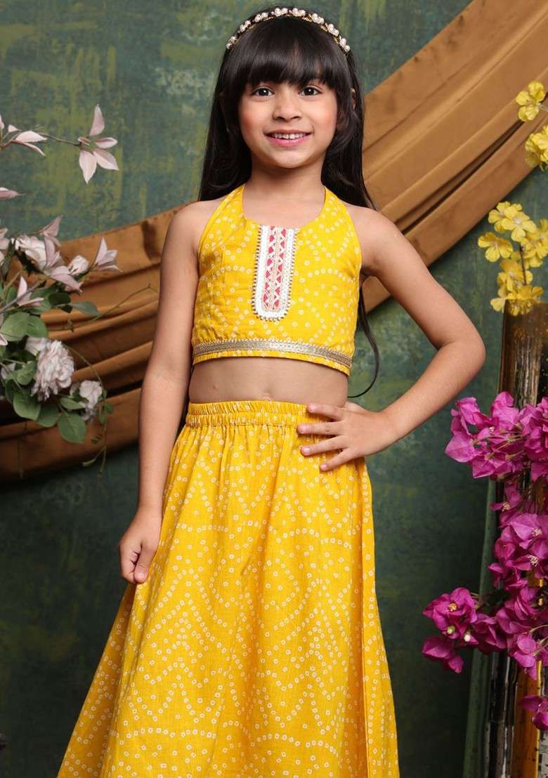 Yellow Printed Blended Lehenga Choli For Girls - Indya
