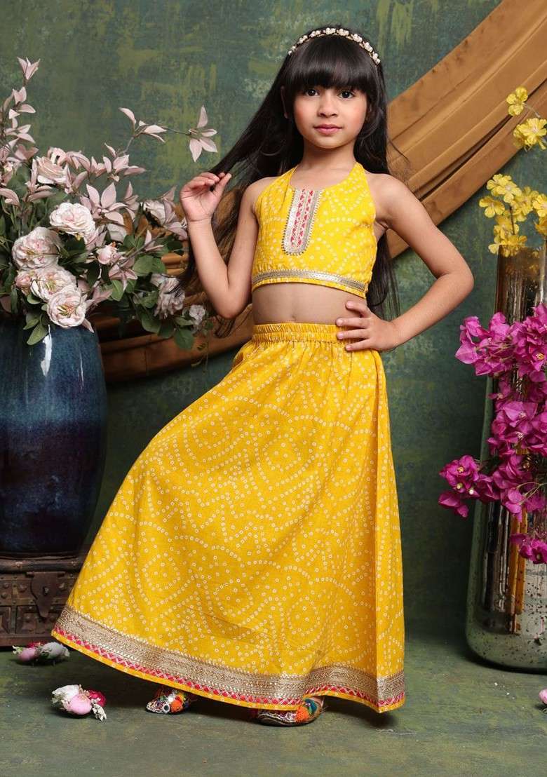 Yellow Printed Blended Lehenga Choli For Girls - Indya