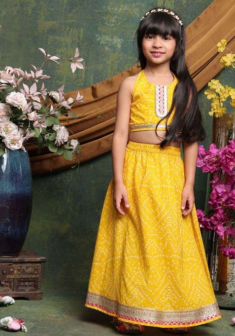 Yellow Printed Blended Lehenga Choli For Girls