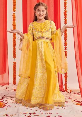 Yellow Printed Blended Lehenga Choli For Girls