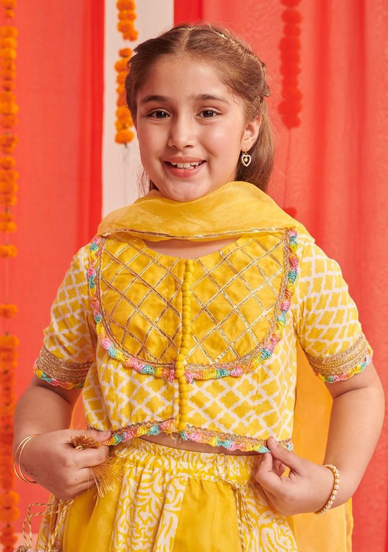 Yellow Printed Blended Lehenga Choli For Girls - Indya