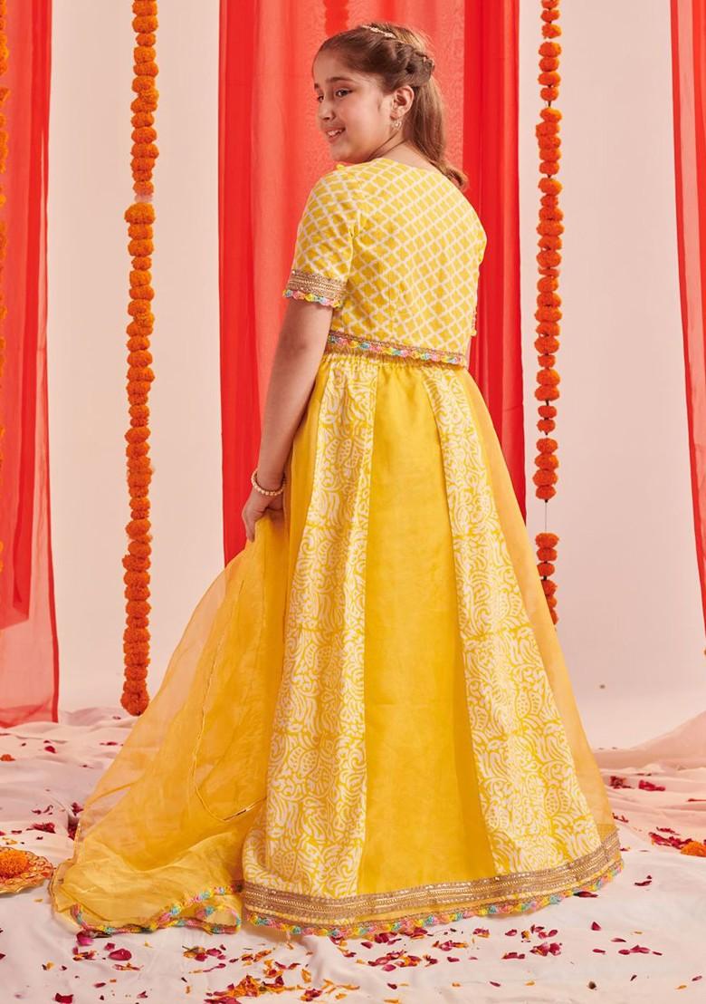 Yellow Printed Blended Lehenga Choli For Girls - Indya