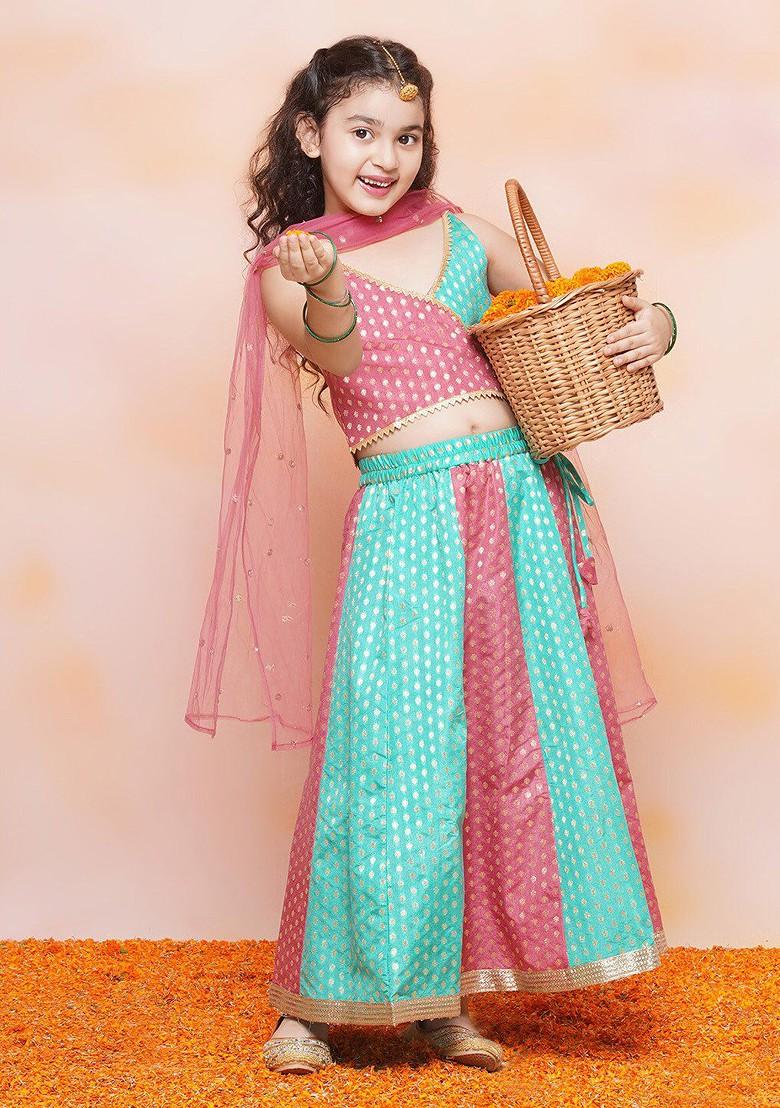 Green Zari Blended Lehenga Choli For Girls - Indya