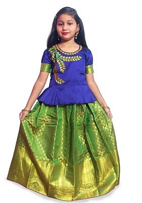 Green Embroidered Blended Lehenga Choli For Girls
