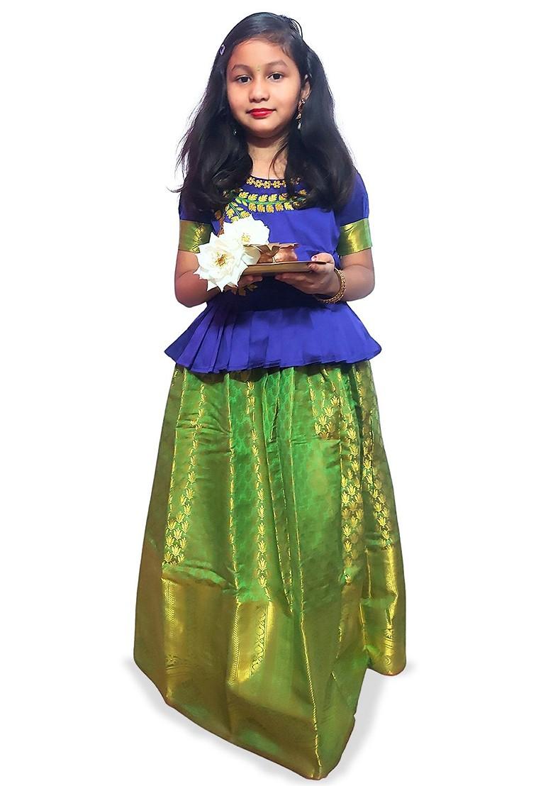 Green Embroidered Blended Lehenga Choli For Girls - Indya