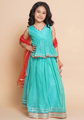 Green Embroidered Blended Lehenga Choli For Girls