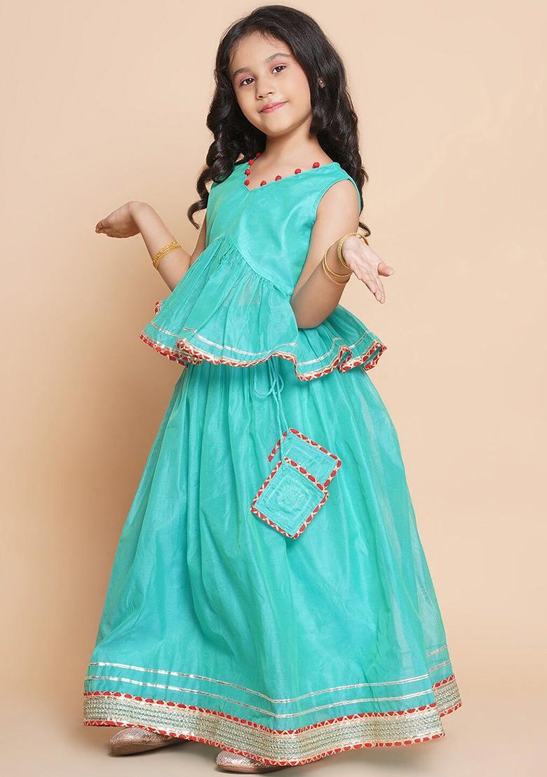 Green Embroidered Blended Lehenga Choli For Girls - Indya