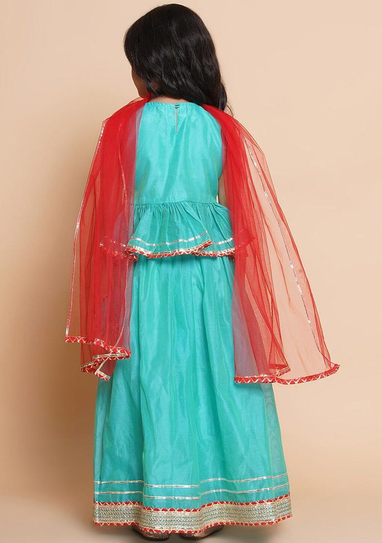 Green Embroidered Blended Lehenga Choli For Girls - Indya