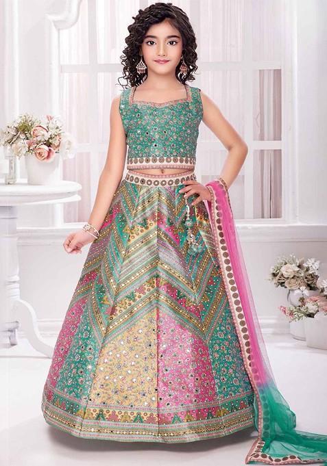 Green Printed Blended Lehenga Choli For Girls — view on Indya
