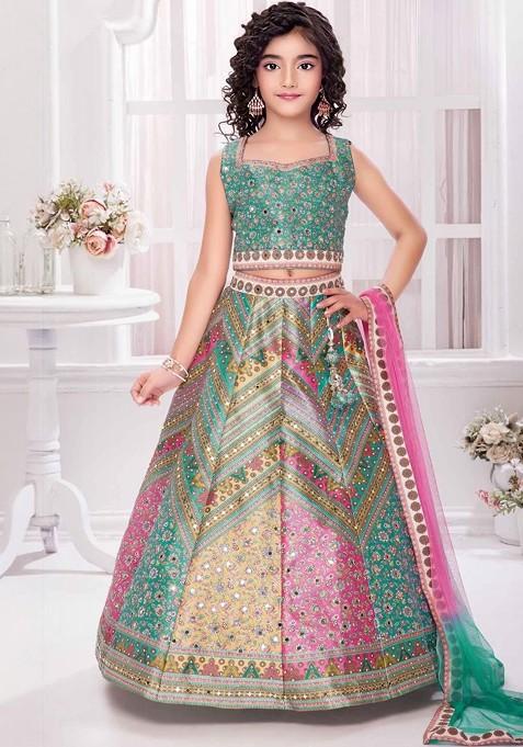 Multicolor Embroidered Silk Lehenga Choli For Girls — view on Indya