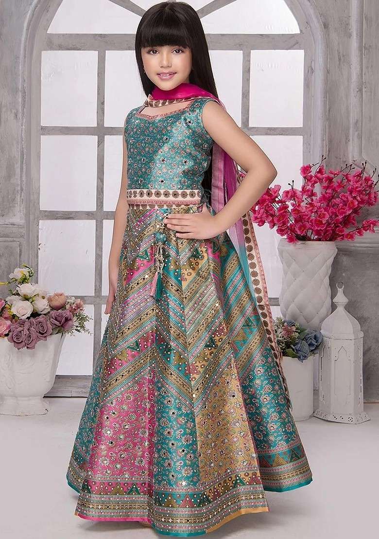 Multicolor Embroidered Silk Lehenga Choli For Girls - Indya