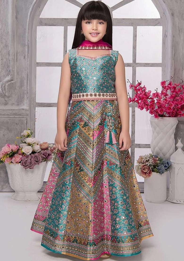 Multicolor Embroidered Silk Lehenga Choli For Girls - Indya