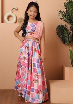Pink Printed Blended Lehenga Choli For Girls