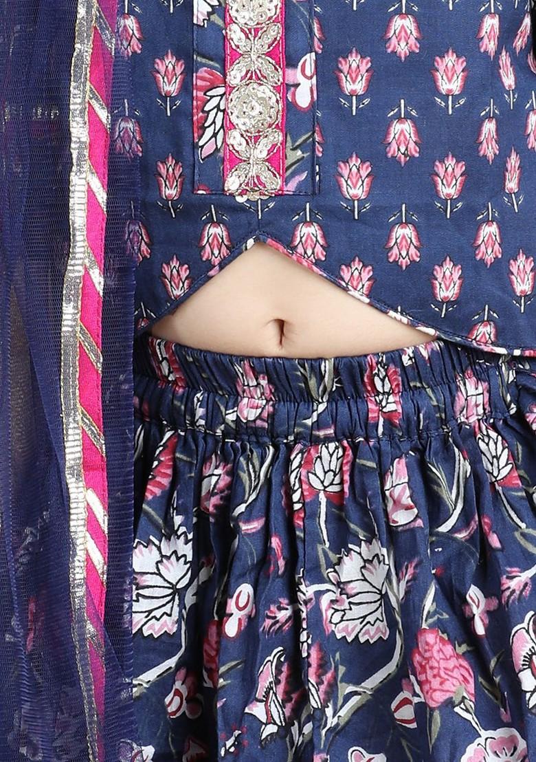 Blue Embellished Blended Lehenga Choli For Girls - Indya