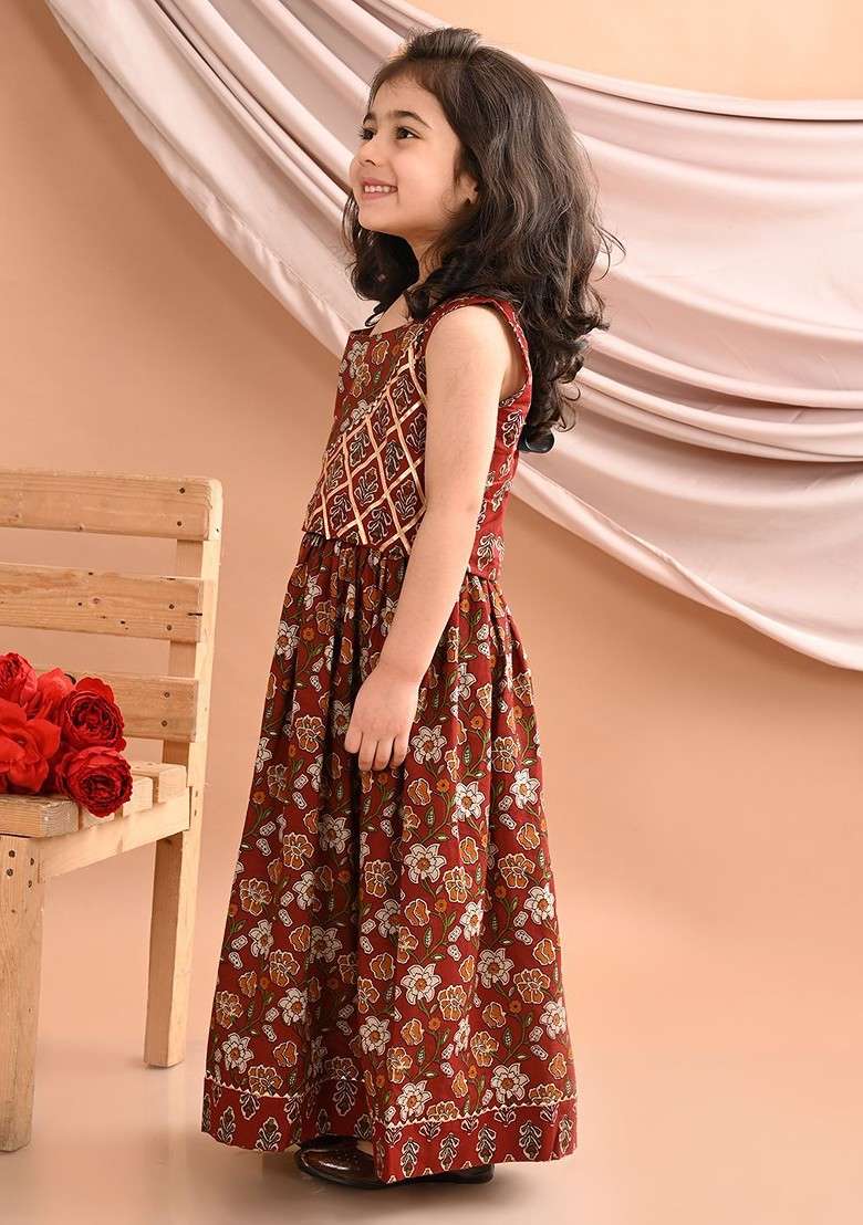 Maroon Printed Cotton Blend Lehenga Choli For Girls - Indya